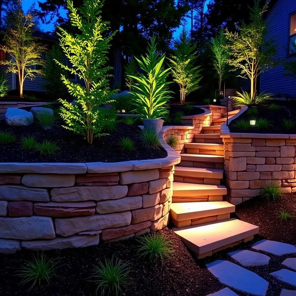 Stone wall & lit steps